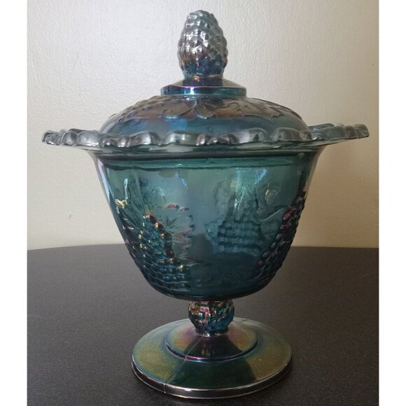 Vintage Other - Iridescent Blue Carnival Glass Candy Dish w/ Lid – Indiana Grape Pattern